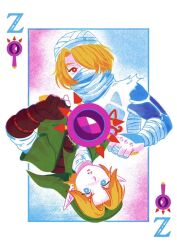 1boy 1girl blonde_hair blue_background blue_eyes border bright_pupils card card_(medium) gauntlets hair_over_one_eye hat holding lens_of_truth link looking_at_viewer looking_down mochiwei nintendo open_mouth parted_lips pink_background playing_card pointy_ears red_eyes sheik the_legend_of_zelda the_legend_of_zelda:_ocarina_of_time turban white_border white_pupils