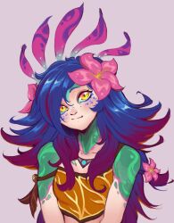 1girl blue_hair blush brown_shirt collarbone colored_skin crop_top dark_skin flipped_hair flower green_(greeniris) green_skin grey_background hair_flower hair_ornament highres league_of_legends long_hair neeko_(league_of_legends) official_alternate_hairstyle pink_flower red_hair reptile_girl shirt simple_background smile solo