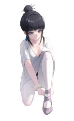 1girl aqua_eyes ballet_slippers black_hair blunt_bangs blush bolcham breasts commentary hair_bun hair_ornament hair_stick highres kneeling mole mole_on_breast mole_under_eye original pantyhose simple_background smile solo white_background white_pantyhose