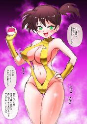 1girl :d alternate_breast_size asymmetrical_hair bare_shoulders blush breasts brown_hair center_opening cleavage clothing_cutout covered_erect_nipples covered_navel eyebrows female_focus fingerless_gloves gen_1_pokemon gloves green_eyes gym_leader hand_on_own_hip highres holding holding_poke_ball large_breasts looking_at_viewer misty_(pokemon) navel nintendo one-piece_swimsuit open_mouth poke_ball poke_ball_(basic) pokemon pokemon:_the_electric_tale_of_pikachu pokemon_(anime) pokemon_(classic_anime) pokemon_rgby ponytail shin_(kusugurijin) shiny_skin short_hair side_ponytail smile solo standing sweat swimsuit thigh_gap thighs twintails v-shaped_eyebrows wide_hips yellow_gloves