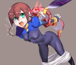 1girl aile_(mega_man_zx) aqua_eyes bestiality blue_skin blush bodystocking breasts brown_background brown_hair bug character_request colored_skin commentary_request covered_erect_nipples covered_navel cyborg electricity gloves grey_background hacking looking_back medium_breasts mega_man_(series) mega_man_zx mind_control open_mouth oversized_insect puffy_short_sleeves puffy_sleeves pussy_juice rape robot saliva short_hair short_sleeves simple_background skin_tight solo teeth tongue tongue_out ukimukai upper_teeth_only wasp