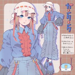 1girl ^_^ animal animalization artist_name blue_eyes blue_nails blue_shirt blue_shoes blue_skirt breasts brown_hair buttons cat character_name closed_eyes collared_shirt commentary cosplay frilled_sleeves frills full_body grid_background gundam guntank guntank_(cosplay) hand_on_own_hip hat heart highres lace lace-trimmed_ribbon lace_trim light_smile long_skirt long_sleeves looking_at_viewer mecha medium_breasts medium_hair mob_cap mobile_suit mobile_suit_gundam multiple_views nail_polish o-ring platform_shoes radio_antenna red_ribbon ribbon robot shira_neri shirt shirt_tucked_in shoes skirt sleeves_past_wrists socks sparkle standing translated upper_body white_hat white_socks zakrello