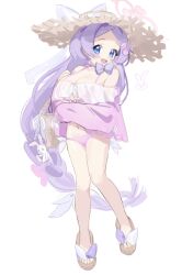 Rule 34 | 1girl, alternate costume, arm under breasts, bikini, blue archive, blue eyes, blush, bow, bowtie, breasts, cardigan, cardigan partially removed, cleavage, commentary, fang, full body, halo, hanae (blue archive), hat, hat bow, highres, large breasts, long hair, looking at viewer, low-braided long hair, low-tied long hair, nemo (leafnight), no socks, open mouth, parted bangs, pink bikini, pink cardigan, purple bow, purple bowtie, purple hair, sandals, simple background, skin fang, smile, solo, straw hat, swimsuit, symbol-only commentary, very long hair, white background