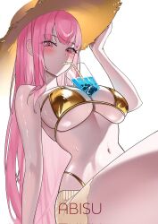 1girl between_breasts bikini breasts cup drinking drinking_glass drinking_straw fromabisu gold_bikini hat highres hololive hololive_english mori_calliope navel pink_eyes pink_hair simple_background solo straw_hat sweat swimsuit virtual_youtuber white_background
