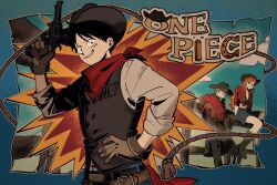 Rule 34 | 1girl, 2boys, bandana, bandana around neck, belt buckle, black hair, black hat, blue skirt, brown gloves, brown hat, brown vest, buckle, closed mouth, commentary, copyright name, cowboy hat, cowboy western, facial scar, feet out of frame, gloves, green hair, grin, gun, handgun, hat, highres, holding, holding gun, holding weapon, long hair, looking at viewer, miniskirt, monkey d. luffy, multiple boys, nami (one piece), one piece, orange hair, pants, parted lips, pleated skirt, red bandana, rope, roronoa zoro, scar, scar on cheek, scar on face, shirt, short hair, sitting, skirt, smile, straw hat pirates, symbol-only commentary, tied shirt, toku0034, upper body, vest, wavy hair, weapon, white shirt
