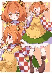 Rule 34 | 1girl, apron, bell, boots, brown boots, checkered clothes, checkered kimono, commission, frilled apron, frilled skirt, frills, green skirt, hair bell, hair ornament, highres, japanese clothes, jingle bell, kimono, long sleeves, masakamea, medium hair, motoori kosuzu, multiple views, orange hair, red eyes, red kimono, skeb commission, skirt, sparkle, sparkling eyes, touhou, two side up, white kimono, wide sleeves, yellow apron