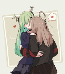 2girls black_choker black_nails black_shirt black_skirt blush ceres_fauna choker closed_eyes closed_mouth commentary earrings fongban_illust green_background green_hair heart highres hololive hololive_english jewelry layered_sleeves long_hair long_sleeves multiple_girls nanashi_mumei shirt short_over_long_sleeves short_sleeves skirt smile spoken_heart symbol-only_commentary virtual_youtuber yuri
