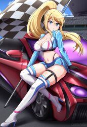 Rule 34 | alternate costume, breasts, canadiananiguy, car, checkered flag, flag, large breasts, metroid, motor vehicle, nintendo, on car, race queen, race vehicle, racecar, racetrack, samus aran