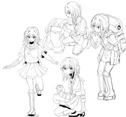 1girl absurdres backpack bag bandaged_arm bandages boots fingerless_gloves gloves greyscale hair_between_eyes highres holding knee_boots monochrome multiple_views on_one_knee original piripun pleated_skirt sailor_collar school_uniform serafuku shirt short_sleeves simple_background single_glove skirt walking white_background