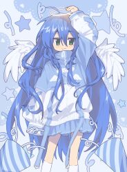 Rule 34 | 1girl, ahoge, angel, angel wings, blue background, blue hair, blue jacket, blue skirt, green eyes, halo, heart, highres, izumi konata, jacket, long hair, looking at viewer, lucky star, mole, mole under eye, party popper, pleated skirt, silence/cell, skirt, smile, socks, star (symbol), wings