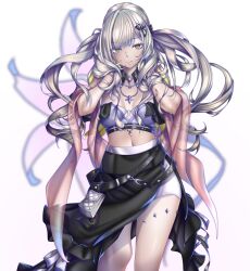 1girl absurdres bare_shoulders belt black_skirt bra bracelet breasts cleavage crop_top earrings fate/grand_order fate_(series) gradient_hair grey_hair hair_ornament hairclip highres jewelry kachihokori_satake long_hair long_skirt looking_at_viewer marie_antoinette_(fate) marie_antoinette_alter_(exhibition_attire)_(fate) marie_antoinette_alter_(fate) medium_breasts midriff multicolored_hair navel necklace sash sidelocks skirt solo thighs two_side_up underwear white_bra white_hair yellow_eyes