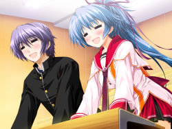 1boy 1girl blue_hair blush closed_eyes game_cg mitsumine_minato open_mouth oshiki_hitoshi ponytail purple_hair school_uniform smile suzunone_seven
