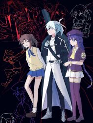 3girls back_alley_alliance beret blue_eyes blue_skirt bracelet braid breasts brown_hair child&#039;s_drawing closed_eyes dust_of_osiris grey_hair hat highres jewelry klmts_yr long_hair melty_blood miniskirt multiple_girls pleated_skirt ponytail purple_eyes purple_hair purple_thighhighs ribbon riesbyfe_stridberg school_uniform shield shield_on_back shirt short_hair single_braid sion_eltnam_(type-moon) sion_eltnam_atlasia skirt smile thighhighs tsukihime twintails twitter_username two_side_up very_long_hair white_hair yumizuka_satsuki zettai_ryouiki
