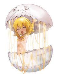 1girl :d ahoge black_souls blonde_hair blush breasts convenient_censoring egg eggshell eyebrows_hidden_by_hair hair_censor hatching loli looking_at_viewer looking_up monomogi monster_girl navel nude open_mouth red_eyes ribs short_hair simple_background small_breasts smile solo steam upper_body wet white_background