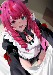 1girl all_fours apron barefoot black_dress blue_eyes blunt_bangs blurry bow breasts brooch cross-shaped_pupils depth_of_field dress drill_hair fangs frilled_apron frilled_dress frills hair_in_own_mouth halo heterochromia highres hololive hololive_english horns irys_(hololive) irys_(maid)_(hololive) jewelry light_blush long_hair long_sleeves looking_at_viewer maid maid_apron official_alternate_costume official_alternate_hairstyle open_mouth pointy_ears purple_eyes red_hair redi_(rasec_asdjh) sleeve_belt smile solo star_halo symbol-shaped_pupils twin_drills virtual_youtuber white_apron