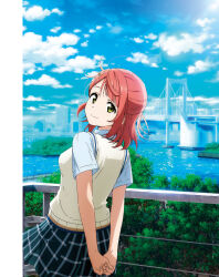1girl arms_behind_back artbook blue_shirt blue_sky braid braided_bun bridge cloud day fence from_behind hair_bun hair_ornament hairclip highres looking_at_viewer looking_back love_live! love_live!_nijigasaki_high_school_idol_club medium_hair nijigasaki_school_uniform non-web_source official_art outdoors pink_hair plaid_clothes plaid_skirt pleated_skirt school_uniform shirt short_sleeves single_side_bun skirt sky smile solo summer_uniform sweater_vest tree uehara_ayumu vest white_shirt yellow_eyes