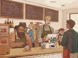 1girl 4boys :d apron arm_hair bag barista beard blonde_hair bottle brown_hair cafe cash_register casual chilchuck_tims contemporary cup dark-skinned_male dark_skin disposable_cup dungeon_meshi english_text facial_hair green_apron greseadraws handbag highres indoors kabru long_hair marcille_donato menu multiple_boys open_mouth red_dragon_(dungeon_meshi) senshi_(dungeon_meshi) smile stuffed_toy teacup walking_mushroom_(dungeon_meshi) whipped_cream