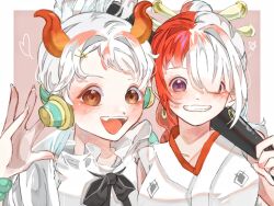 Rule 34 | 2girls, border, club, club (weapon), commentary request, earrings, hair over one eye, headphones, heart, highres, holding, holding weapon, horns, japanese clothes, jewelry, kanabou, kimono, multiple girls, one piece, one piece film: red, open mouth, orange eyes, red hair, sidelocks, simple background, smile, u mi031, uta (one piece), weapon, white border, white hair, white kimono, yamato (one piece)
