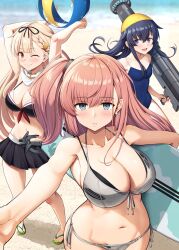 3girls akatsuki_(kancolle) arms_up atlanta_(kancolle) atlanta_(swimsuit)_(kancolle) bikini black_ribbon blonde_hair blue_hair blue_one-piece_swimsuit blush breasts closed_mouth collarbone commentary_request earrings empty_eyes front-tie_bikini_top front-tie_top grey_bikini hair_between_eyes hair_flaps hair_ornament hair_ribbon hairclip highres holding holding_surfboard holding_weapon ichikawa_feesu jewelry kantai_collection large_breasts long_hair looking_at_viewer multiple_girls navel one-piece_swimsuit one_eye_closed open_mouth pink_hair pleated_skirt red_eyes ribbon rocket_launcher sandals side-tie_bikini_bottom skirt small_breasts standing star_(symbol) star_earrings surfboard swim_cap swimsuit water weapon yuudachi_(kancolle) yuudachi_kai_ni_(kancolle) yuudachi_kai_ni_(swimsuit)_(kancolle)