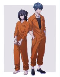 Rule 34 | 2boys, barefoot, black eyes, black hair, black shirt, black shoes, blue hair, border, collarbone, collared jumpsuit, commentary, cuffs, full body, grey background, hair between eyes, handcuffs, hands in pockets, highres, jewelry, jumpsuit, long hair, looking at viewer, male focus, mole, mole under mouth, moxamog, multiple boys, necklace, open mouth, orange eyes, orange jumpsuit, original, partially unzipped, prison clothes, puzzle piece ornament, shirt, shoes, short hair, simple background, standing, symbol-only commentary, toes, white border, zipper pull tab