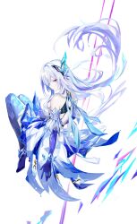 1girl absurdres aqua_hair bare_shoulders closed_mouth crossed_bangs dress genshin_impact hair_between_eyes highres long_hair looking_back luta_(luta_1013) multicolored_hair purple_hair red_eyes skirk_(genshin_impact) solo two-tone_hair white_background white_dress