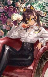1girl antenna_hair armchair artist_name belt belt_buckle black_belt black_pants blonde_hair blue_eyes braid brown_hair buckle chair cleavage_cutout closed_mouth clothing_cutout crossed_bangs crossed_legs dark-skinned_female dark_skin dated dehya_(genshin_impact) earrings eyelashes eyeshadow fingernails flower frilled_shirt_collar frilled_sleeves frills gem genshin_impact gold_earrings grey_background hair_between_eyes hair_ears hair_intakes hand_up hashtag-only_commentary high-waist_pants highres hoop_earrings jewelry long_hair long_sleeves looking_at_viewer makeup multicolored_hair nail_polish ojo_aa on_chair pants pink_flower pink_rose plant puffy_long_sleeves puffy_sleeves red_flower red_gemstone red_nails red_rose rose shirt signature single_braid sitting smile solo streaked_hair twitter_username watermark white_flower white_rose white_shirt