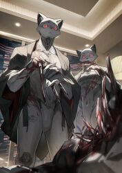 2boys :&lt; android animal_ears animal_nose assassin backlighting blood blood_on_hands bone cat_boy cat_ears ceiling_light claws commentary corpse death denchou english_commentary furry furry_male glowing glowing_eyes highres indoors japanese_clothes kimono lamp licking_own_claws looking_down male_focus multiple_boys murder muscular muscular_male navel open_clothes open_kimono original red_eyes science_fiction window
