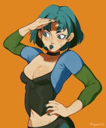 1girl :o arm_up artist_name blush breasts cartoon_network ear_piercing green_eyes gwen_(total_drama) hand_on_own_hip highres lips lipstick makeup medium_breasts navel orange_background piercing porqueloin sweat sweatdrop total_drama