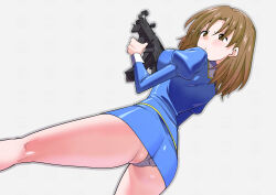 1girl agent_aika aika_(series) aiming ass blue_delmo blue_delmo_b blue_skirt brown_eyes brown_hair closed_mouth commentary_request crotch_seam delmogeny_uniform glint gun highres holding holding_gun holding_weapon jacket juliet_sleeves kneepits long_sleeves looking_at_viewer military military_uniform panties pencil_skirt puffy_sleeves skirt solo standing submachine_gun toku_sonchou underwear weapon white_background white_panties