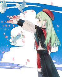 1girl :d absurdres ascot bang_dream! bang_dream!_it&#039;s_mygo!!!!! beret bird black_capelet black_overskirt black_sleeve_cuffs capelet chinese_commentary cloud cloudy_sky commentary_request cowboy_shot dove earrings falling_petals from_side green_hair hands_up hat highres holding holding_petal jewelry long_hair long_sleeves looking_ahead mortis_(bang_dream!) mortis_(costume)_(bang_dream!) open_mouth outstretched_arms petals pink_petals profile puffy_long_sleeves puffy_sleeves red_capelet red_hat red_shorts see-through_clothes see-through_sleeves shirt shorts sidelocks sky smile solo teeth upper_teeth_only wakaba_mutsumi white_ascot white_shirt yellow_eyes zx277x
