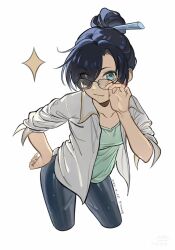 1girl artist_name black_hair black_pants blue_eyes dated glasses green_shirt hair_ornament hair_over_one_eye hair_stick hand_on_own_hip highres hirose_natsuko jacket leaning_forward open_clothes open_jacket pants parted_bangs qiuwaq shirt simple_background solo standing white_background white_jacket zenshuu