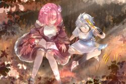 Rule 34 | 1boy, 1girl, ancient greek clothes, book, chinese commentary, commentary request, crossed legs, cyrene (honkai: star rail), dress, greco-roman clothes, hair ornament, highres, honkai: star rail, honkai (series), open book, outdoors, phainon (honkai: star rail), pink hair, purple dress, short hair, toga, white hair, yazism1