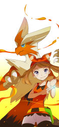 1girl bike_shorts blaziken bow_hairband bracelet brown_hair closed_mouth collarbone commentary_request creatures_(company) eyelashes fanny_pack fire game_freak gen_3_pokemon hairband jewelry looking_at_viewer may_(pokemon) mega_blaziken mega_pokemon nintendo pokemon pokemon_(creature) pokemon_oras popcorn_91 shirt shorts sleeveless sleeveless_shirt smile