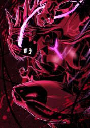 Rule 34 | 1girl, armor, berserker rage, black skin, blood, blood splatter, breasts, colored skin, commentary request, fangs, glowing, glowing eyes, hair ears, haishima xv, headgear, highres, large breasts, maria cadenzavna eve, open mouth, pink hair, power suit, senki zesshou symphogear, solo, symphogear pendant, teeth
