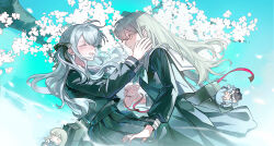 Rule 34 | 2girls, :d, aqua neckerchief, bag, bang dream!, bang dream! it&#039;s mygo!!!!!, blue hair, blue sky, blush, character doll, cherry blossoms, cherry tree, chinese commentary, closed eyes, cowboy shot, day, face-to-face, facing another, falling petals, floating clothes, floating hair, from side, green hair, green ribbon, green serafuku, hair between eyes, hair ornament, hair ribbon, hairclip, hand on another&#039;s cheek, hand on another&#039;s face, hand up, highres, holding hands, leaning, leaning back, long hair, long sidelocks, long sleeves, looking at another, multiple girls, neckerchief, open mouth, outdoors, parted lips, petals, pleated skirt, red ribbon, ribbon, sailor collar, school bag, school uniform, serafuku, sidelocks, skirt, sky, smile, string, string of fate, teeth, togawa sakiko, tokinhr, tsukinomori school uniform, two side up, upper teeth only, wakaba mutsumi, white sailor collar, winter uniform, yellow eyes, yuri