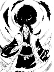 Rule 34 | 1boy, alpen no koyari, arm guards, bankai, black background, black hair, black hakama, black kimono, bleach, closed mouth, commentary request, cowboy shot, fighting stance, hakama, hand up, haori, highres, holding, holding sword, holding weapon, japanese clothes, kimono, kubo tite (style), kuchiki byakuya, long hair, long sleeves, looking at viewer, male focus, mature male, monochrome, obi, official style, outline, sash, senbonzakura kageyoshi (bankai), serious, simple background, solo, sword, taichou haori, tsurime, v-shaped eyebrows, weapon, white outline, wide sleeves