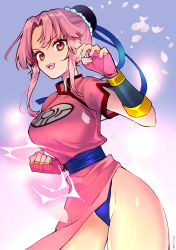 Rule 34 | 1girl, :d, absurdres, arm guards, blue background, blue panties, blue sash, breasts, bun cover, commentary request, cowboy shot, crackling energy, dougi, dragon quest, dragon quest dai no daibouken, fingerless gloves, floating clothes, gloves, gradient background, hair bun, highres, large breasts, looking at viewer, maam, momoiito, narrow waist, open mouth, panties, pink background, pink gloves, pink hair, pink petals, pink theme, red eyes, sash, smile, solo, underwear, yellow trim