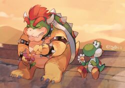 2boys absurdres armlet blush boots bowser bracelet brown_footwear closed_eyes flower hanaon highres holding holding_flower horns jewelry looking_at_another mario_(series) multiple_boys nintendo open_mouth orange_sky outdoors plucking_petals red_hair sitting sky spiked_armlet spiked_bracelet spikes super_mario_64_ds yoshi