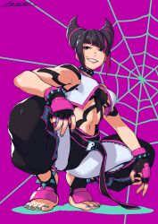Rule 34 | 1girl, absurdres, artist name, blue nails, bracelet, breasts, collar, commentary, fingerless gloves, gloves, hair horns, han juri, heterochromia, highres, jewelry, kotatsu (g-rough), purple background, silk, solo, spider web, spiked anklet, spiked bracelet, spiked collar, spikes, street fighter, street fighter 6, yin yang