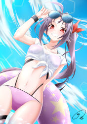 1girl absurdres arm_behind_back bikini blue_sky blush breasts breasts_apart cloud cloudy_sky collarbone commentary_request day dutch_angle earrings eyelashes eyewear_on_head from_below glint gluteal_fold grin hair_ribbon hand_up high_ponytail highres holding holding_swim_ring inflatable_toy innertube jewelry long_sidelocks looking_at_viewer looking_down maximum7010 medium_breasts navel open_mouth outdoors pointy_ears ponytail purple_bikini purple_hair purple_innertube red_eyes red_ribbon ribbon shell shell_earrings shirt short_sleeves sidelocks signature single_earring sky smile star_(symbol) star_print stomach sunglasses swim_ring swimsuit sword_art_online tied_shirt wet wet_clothes wet_shirt white_shirt wristband yuuki_(sao)