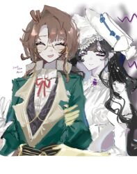 antenna_hair arm_hug black_hair blush brown_hair closed_eyes collared_shirt dress flower formal_clothes green_suit hat highres isolde_(reverse:1999) kakania_(reverse:1999) kana1153674 long_hair nervous_smile pale_skin purple_hair red_ribbon reverse:1999 ribbon shirt smile suit sweatdrop waving white_dress white_shirt yuri