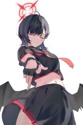 Rule 34 | 1girl, absurdres, angel wings, black gloves, black sailor collar, black serafuku, black shirt, black skirt, black wings, blue archive, closed eyes, fingerless gloves, gloves, halo, highres, hoshinoan, ichika (blue archive), looking at viewer, medium hair, navel, neckerchief, red halo, red neckerchief, sailor collar, school uniform, serafuku, shirt, simple background, skirt, solo, thighs, white background, wings