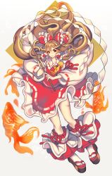 Rule 34 | 1girl, adapted costume, ascot, bad id, bad pixiv id, brown hair, cheong ha, detached sleeves, female focus, fish, floating hair, full body, geta, gohei, goldfish, hair tubes, hakurei reimu, haraegushi, holding, long hair, oonusa, platform footwear, platform sandals, red eyes, ribbon-trimmed clothes, ribbon-trimmed sleeves, ribbon trim, sandals, skirt, skirt set, solo, touhou