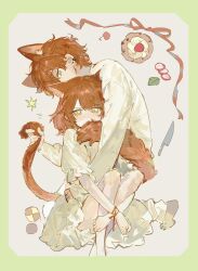 1boy 1girl animal_ears brown_hair cat_ears cat_girl cat_tail checkerboard_cookie cookie dress food hair_between_eyes highres hug long_sleeves looking_at_viewer macaron mouth_hold original qyzhiaiyisheng ribbon shirt short_hair tail white_dress