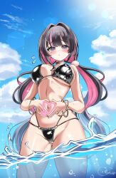 1girl @_@ azki_(hololive) bikini black_bikini black_hair breasts cloud commentary_request cowboy_shot four-finger_heart_hands heart heart_hands highres hololive inokeiwd large_breasts low_twintails multicolored_hair navel partially_submerged pink_hair solo streaked_hair sunlight swimsuit twintails virtual_youtuber white_hair