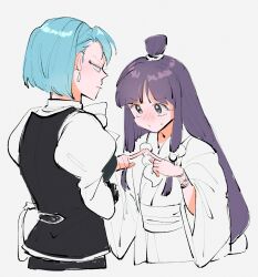 2girls absurdres ace_attorney black_hair black_vest chanramu earrings franziska_von_karma highres japanese_clothes jewelry kimono long_hair looking_at_another maya_fey multiple_girls shirt short_hair shy vest white_background white_shirt