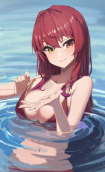 1girl bikini breasts closed_mouth gold_trim hair_down heterochromia highres hololive houshou_marine houshou_marine_(summer) large_breasts long_hair looking_at_viewer navel open_hand partially_submerged pulling_own_clothes red_bikini red_eyes red_hair reulem smile solo strap_pull swimsuit upper_body very_long_hair virtual_youtuber water wet yellow_eyes