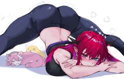 2girls absurdres bare_arms bare_shoulders black_pants black_sports_bra blue_eyes blush closed_mouth crossed_arms earrings hair_between_eyes hakui_koyori heterochromia highres hololive horns irys_(hololive) jack-o&#039;_challenge jewelry long_hair looking_at_viewer meeko_illus multiple_girls pants pointy_ears purple_eyes red_hair sidelocks smile sports_bra top-down_bottom-up virtual_youtuber