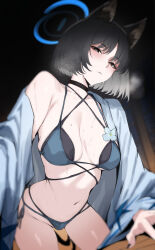 1girl absurdres bikini black_bikini black_eyes black_hair blue_archive blue_bikini blush breasts bright_pupils ei_(eiei_e1) highres kikyou_(blue_archive) kikyou_(swimsuit)_(blue_archive) layered_bikini looking_at_viewer medium_breasts navel official_alternate_costume short_hair solo stomach swimsuit tagme white_pupils