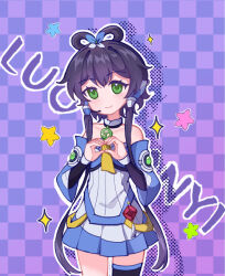 Rule 34 | 1girl, asymmetrical legwear, bare shoulders, black thighhighs, chinese commentary, cowboy shot, detached sleeves, green eyes, grey hair, hair ornament, hair rings, heart, heart hands, highres, light smile, long hair, looking at viewer, luo tianyi, luo tianyi v3, pleated skirt, pointzhu, short hair with long locks, skirt, solo, standing, thighhighs, twintails, uneven legwear, vocaloid, vsinger (vocaloid)